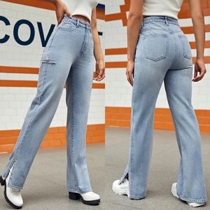 High Waisted Flared Ripped Jeans Light Blue L